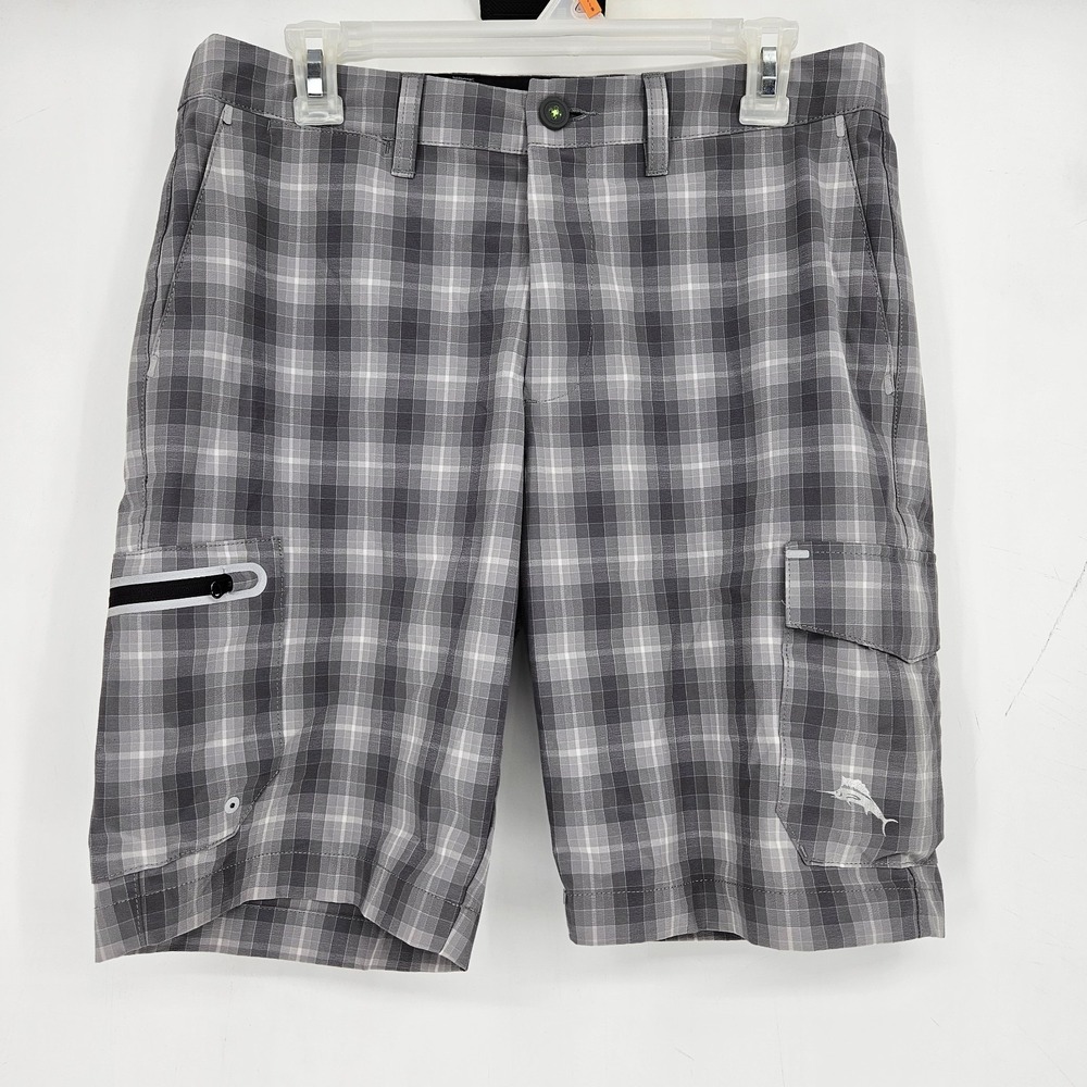 Tommy Bahama Cargo Shorts Mens 32 Cayman Island Zone Stretch Gray Plaid Casual